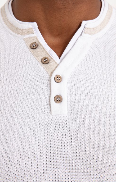 Pull col tunisien blanc chambray